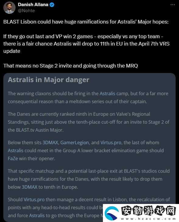 岌岌可危！Astralis或無(wú)緣BLAST.tv奧斯汀Major直邀